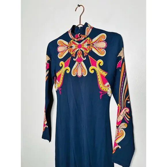 LA DOUBLEJ Navy Paisley Gold Pendant High Neck A-Line Halle Dress Size XS - Picture 10 of 16